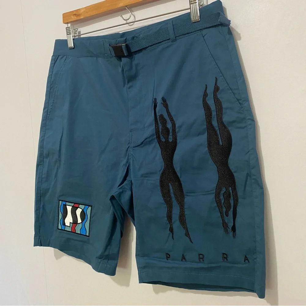 By Parra Men's Zebra Striped Teal‎ Shorts Size M Embroidered Casual New with Tag
